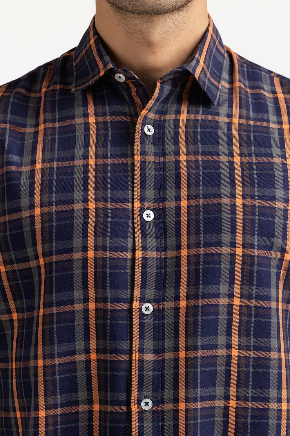 Navy and Orange Yarn Dyed Checkered Casual Shirt MN-CS-YD23-020