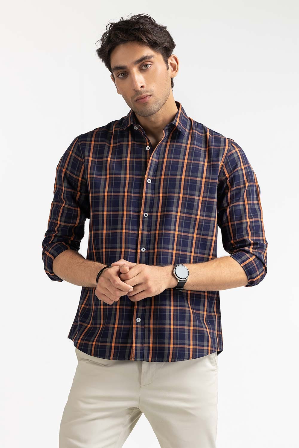 Navy and Orange Yarn Dyed Checkered Casual Shirt MN-CS-YD23-020