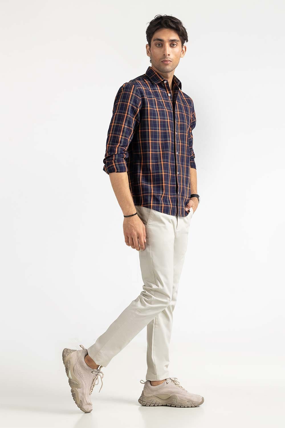 Navy and Orange Yarn Dyed Checkered Casual Shirt MN-CS-YD23-020