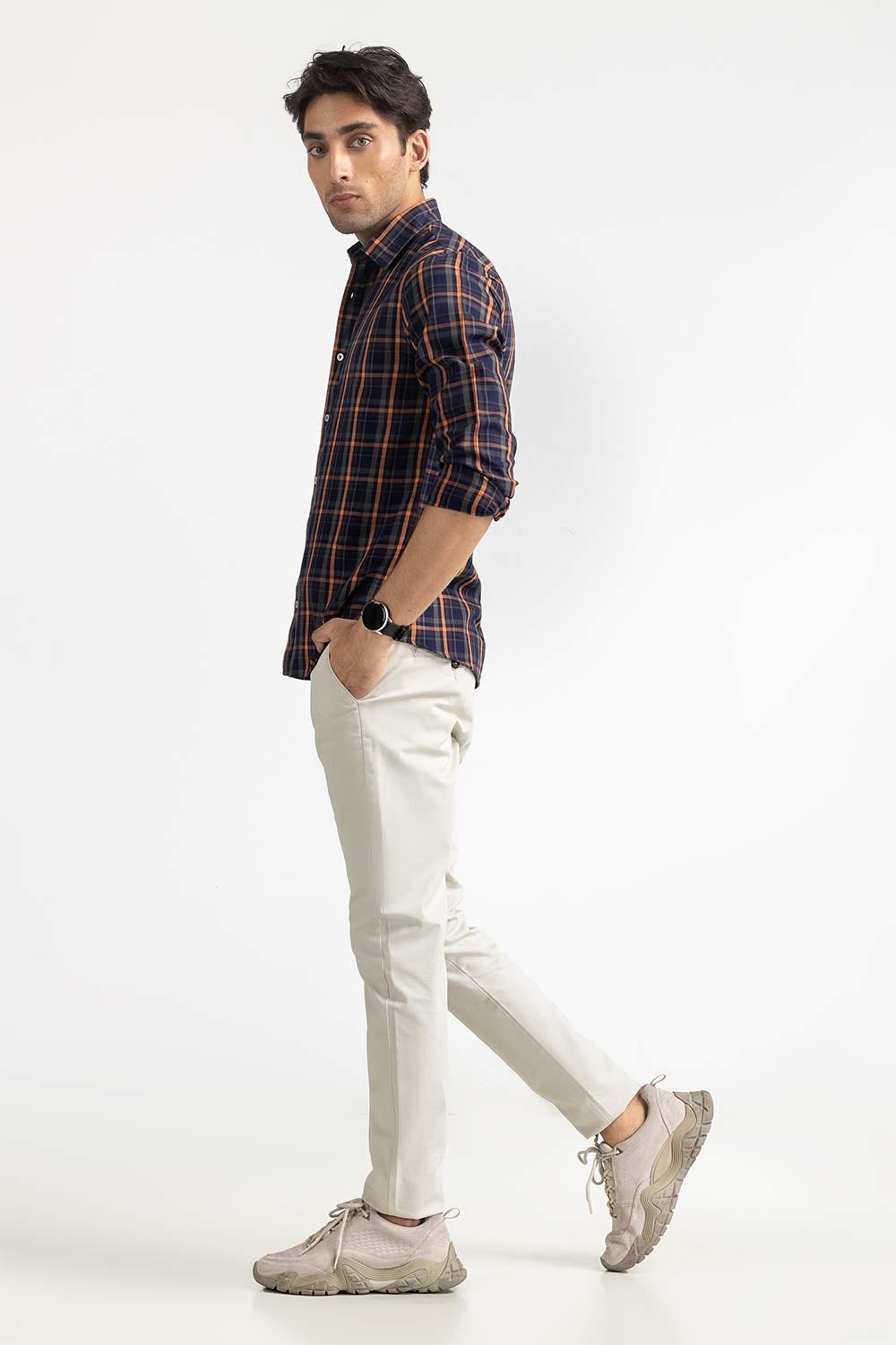 Navy and Orange Yarn Dyed Checkered Casual Shirt MN-CS-YD23-020