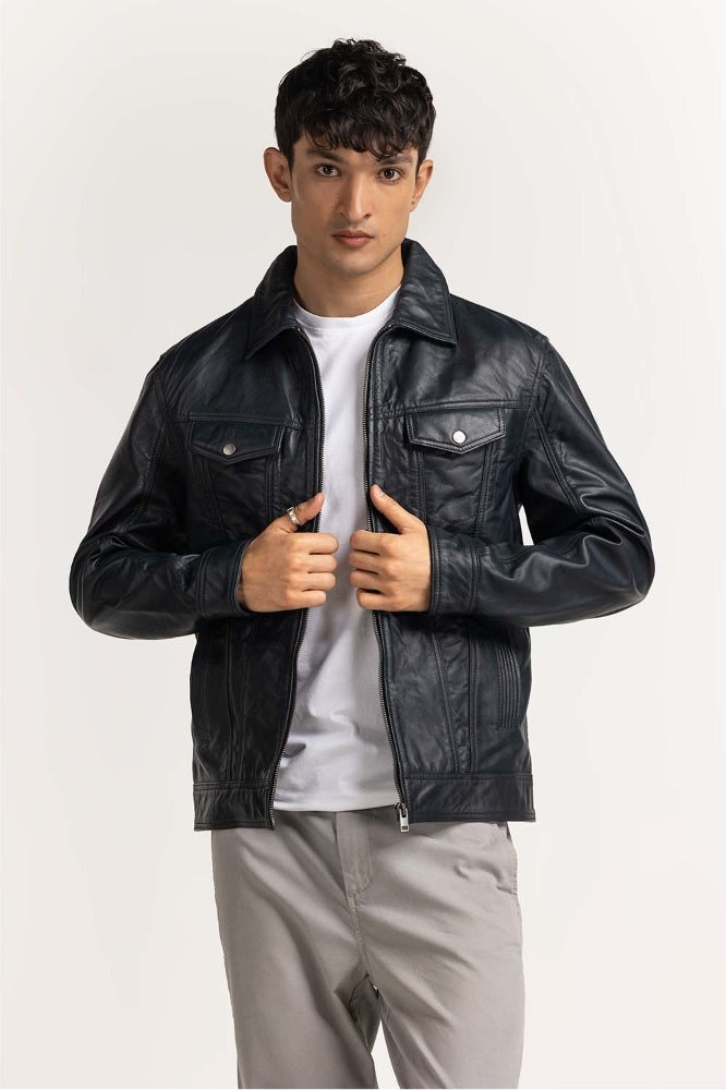 Navy Blue Leather Jacket MN-JKT-WS23-201