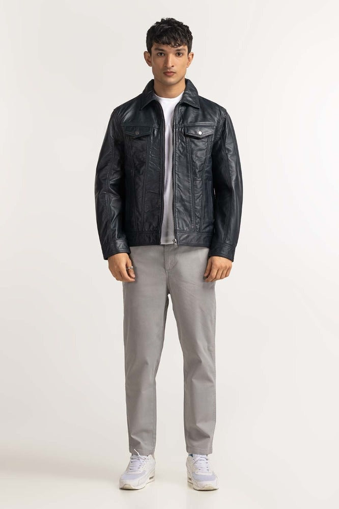 Navy Blue Leather Jacket MN-JKT-WS23-201