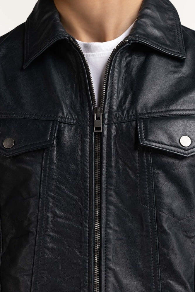 Navy Blue Leather Jacket MN-JKT-WS23-201