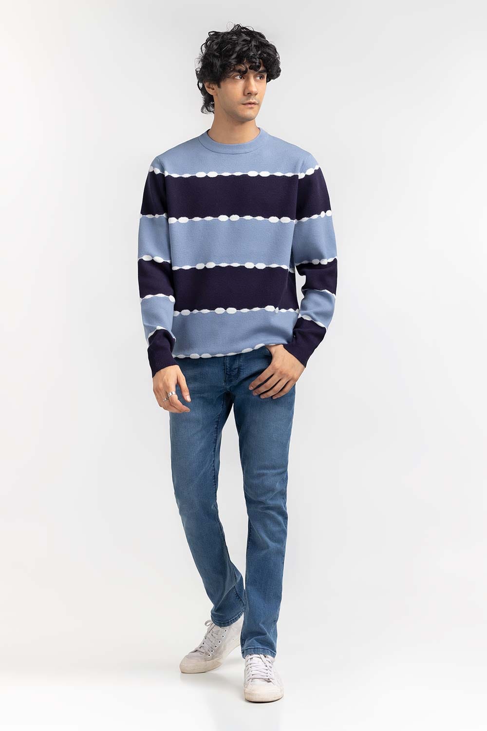 Navy Blue Striped Tie & Dye Crew Neck Sweater SWT-FFSCN22-263