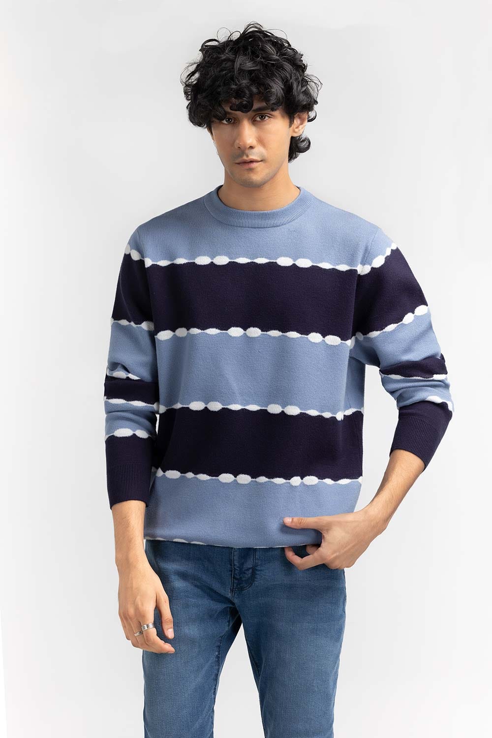 Navy Blue Striped Tie & Dye Crew Neck Sweater SWT-FFSCN22-263