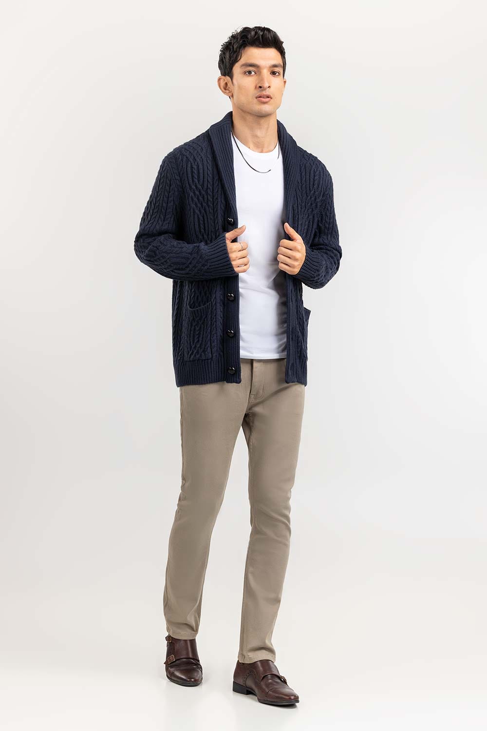 Navy Cabling Shawl Collar Cardigan SWT-FFSSC22-261