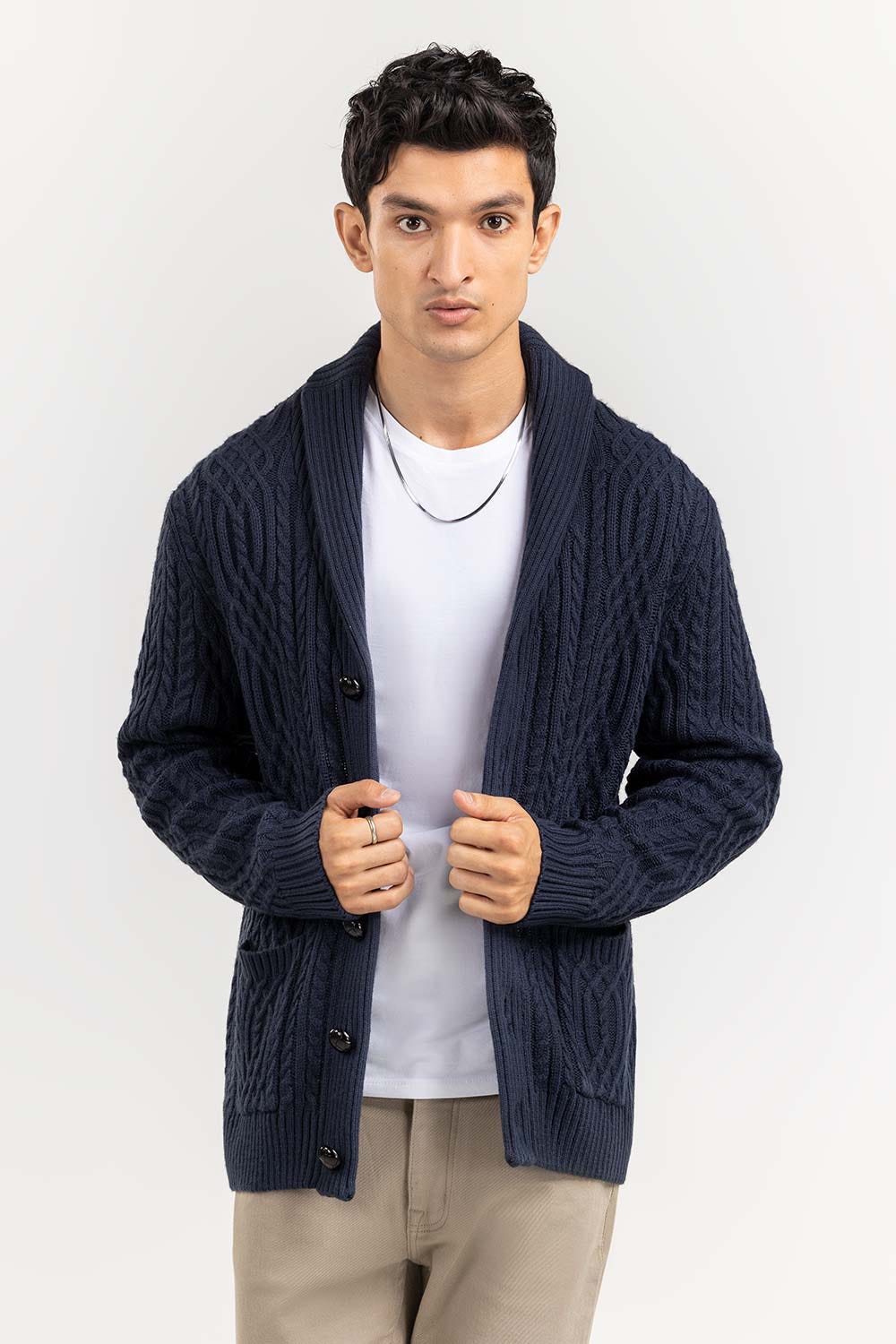 Navy Cabling Shawl Collar Cardigan SWT-FFSSC22-261