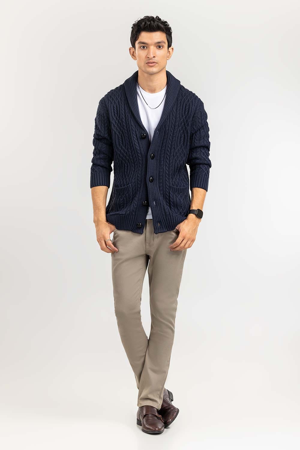 Navy Cabling Shawl Collar Cardigan SWT-FFSSC22-261