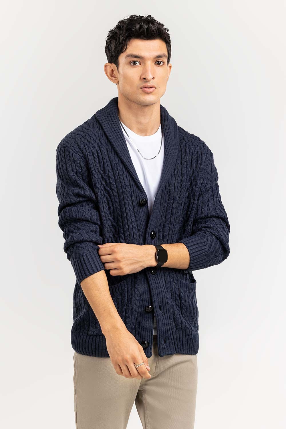 Navy Cabling Shawl Collar Cardigan SWT-FFSSC22-261