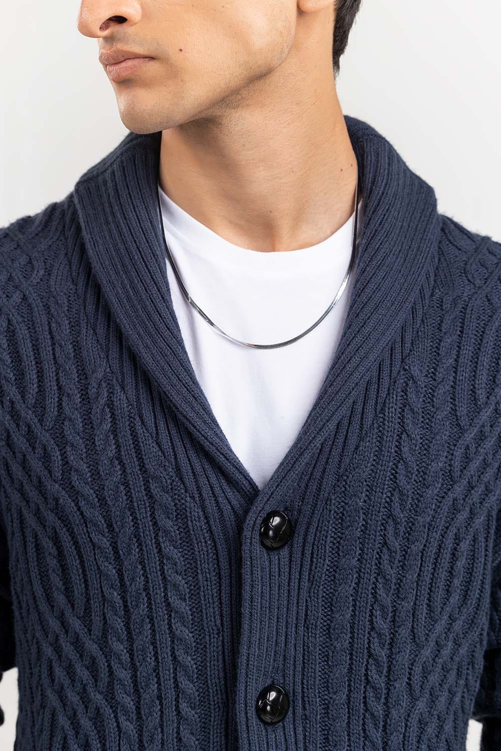 Navy Cabling Shawl Collar Cardigan SWT-FFSSC22-261