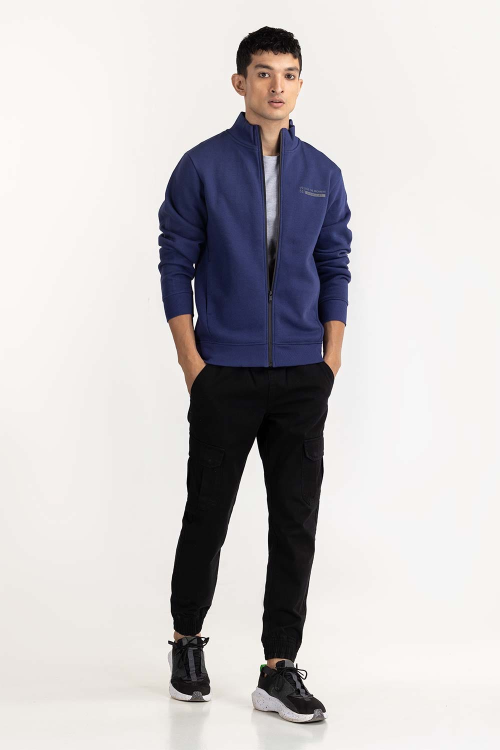 Navy Fashion Knitted Graphic Mock Neck Zipper Jacket JKT-KNTMNZ22-054