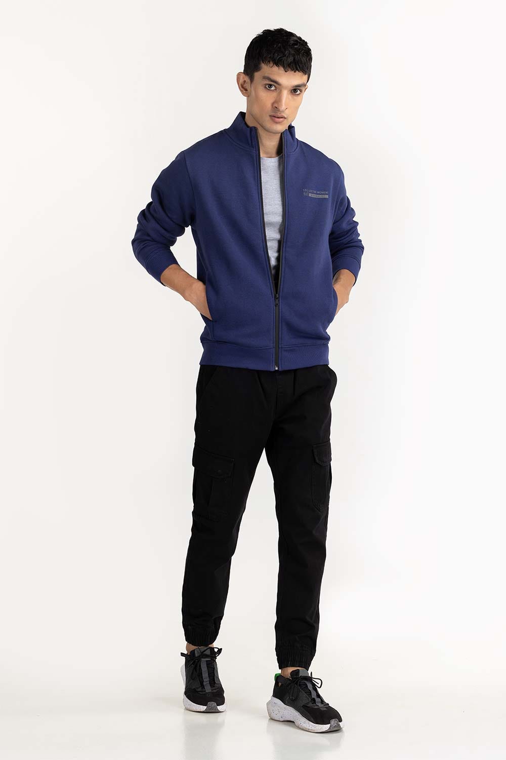 Navy Fashion Knitted Graphic Mock Neck Zipper Jacket JKT-KNTMNZ22-054