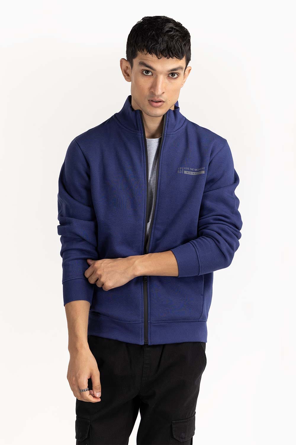 Navy Fashion Knitted Graphic Mock Neck Zipper Jacket JKT-KNTMNZ22-054