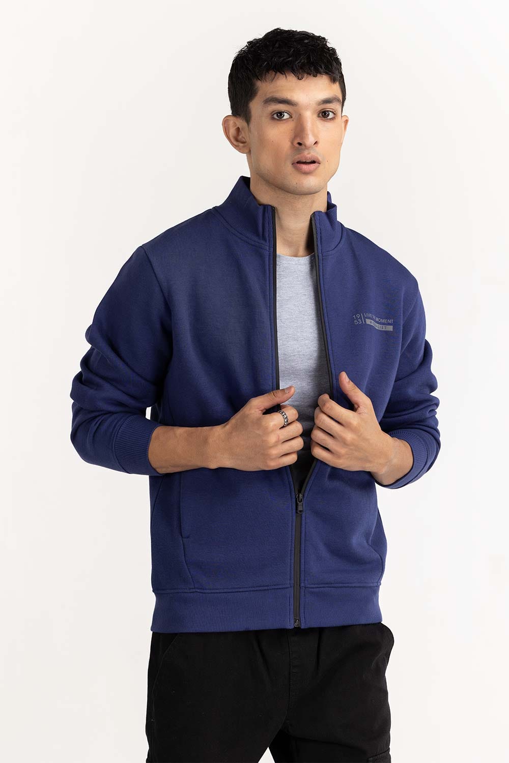 Navy Fashion Knitted Graphic Mock Neck Zipper Jacket JKT-KNTMNZ22-054