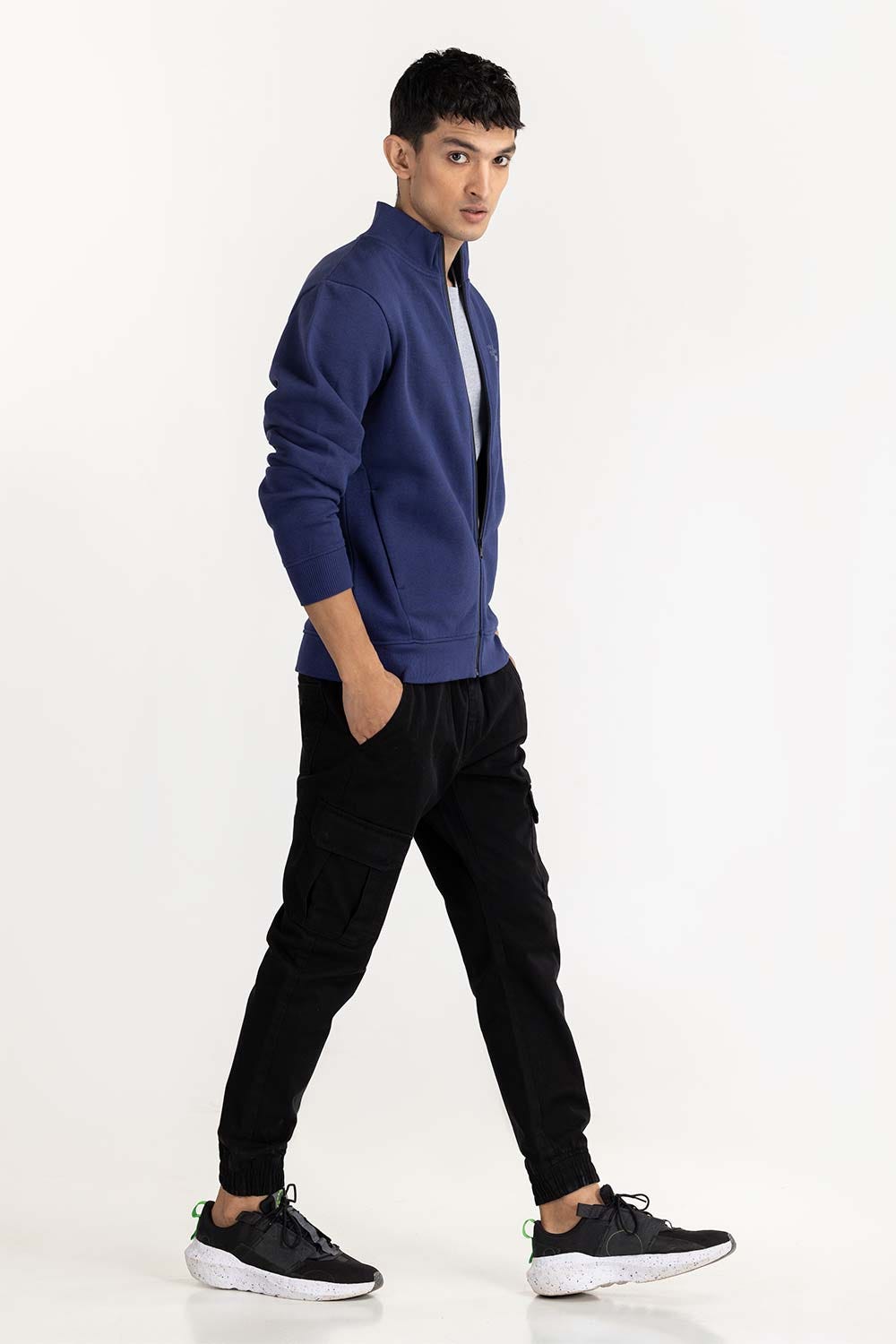 Navy Fashion Knitted Graphic Mock Neck Zipper Jacket JKT-KNTMNZ22-054