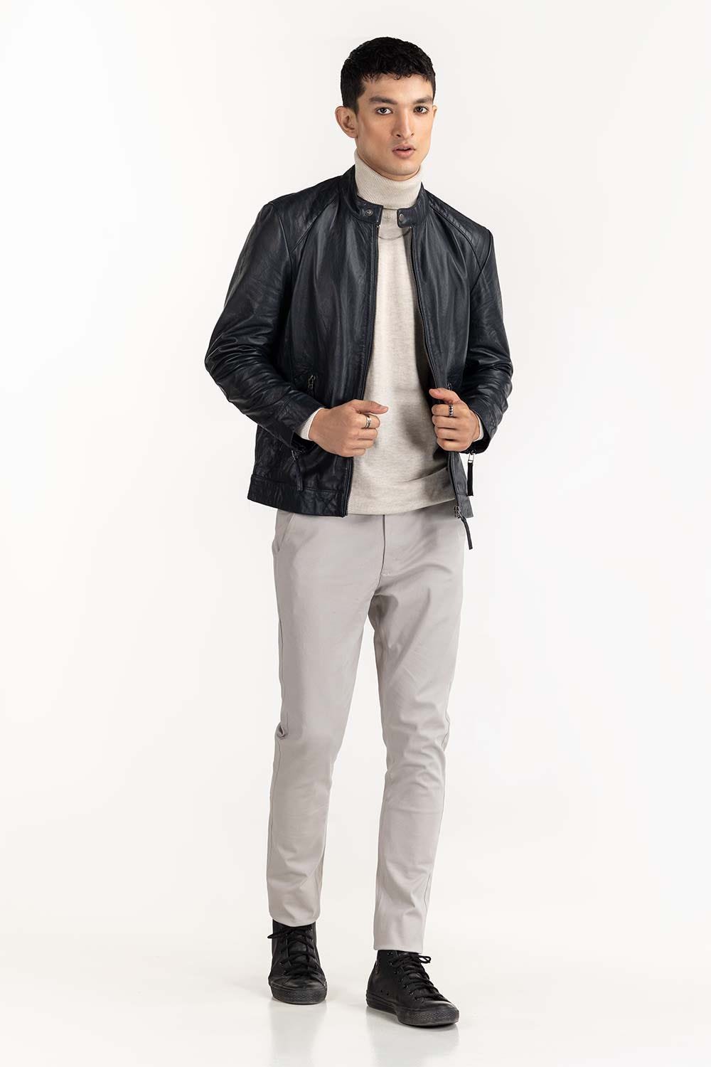 Navy Leather Moto Racer Jacket JKT-LTH22-055