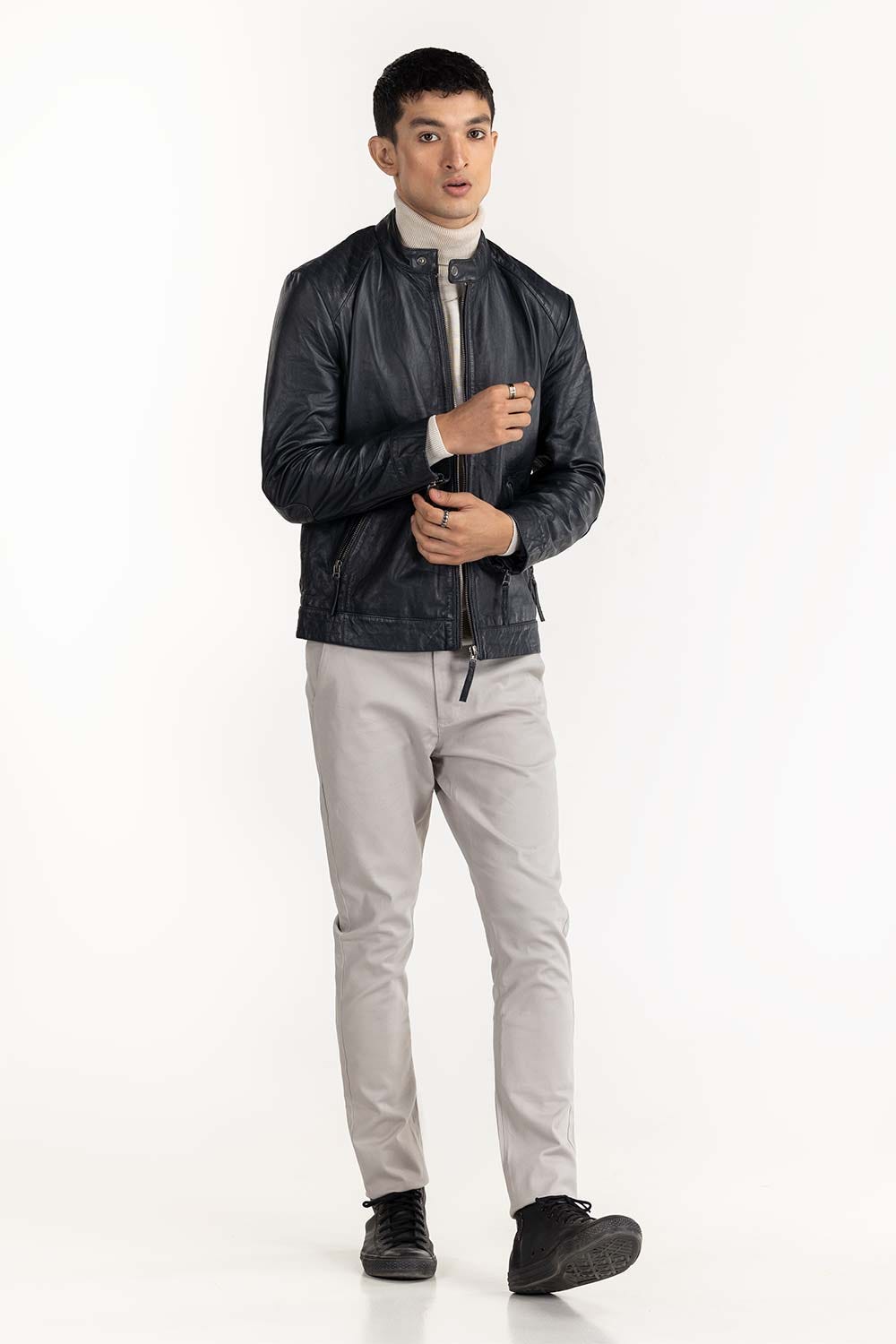 Navy Leather Moto Racer Jacket JKT-LTH22-055