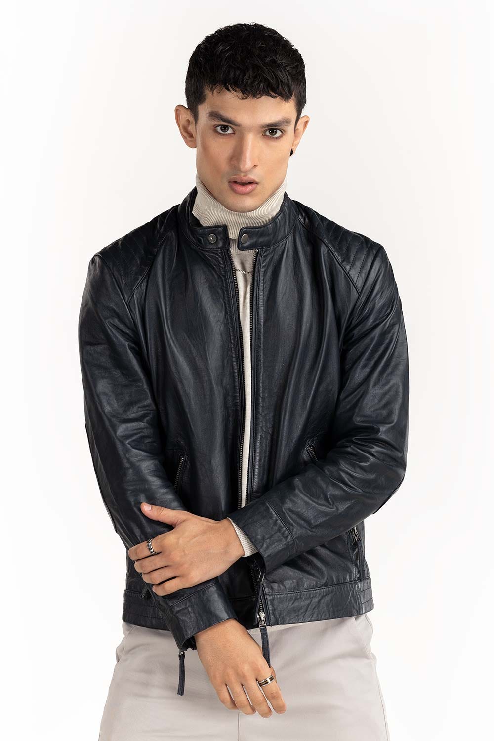 Navy Leather Moto Racer Jacket JKT-LTH22-055