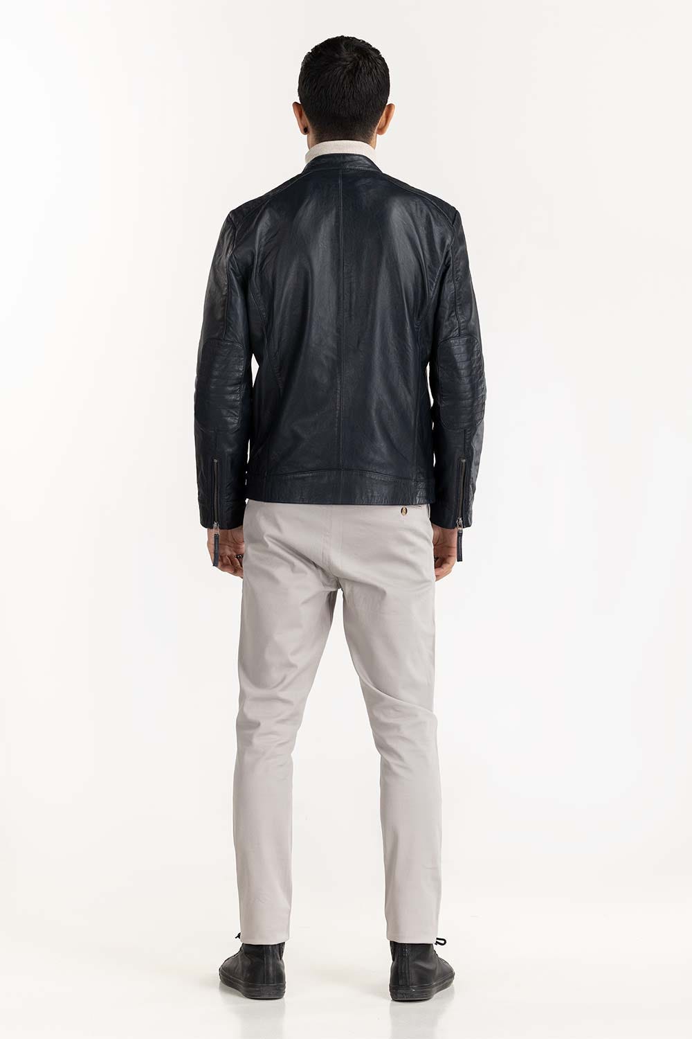 Navy Leather Moto Racer Jacket JKT-LTH22-055