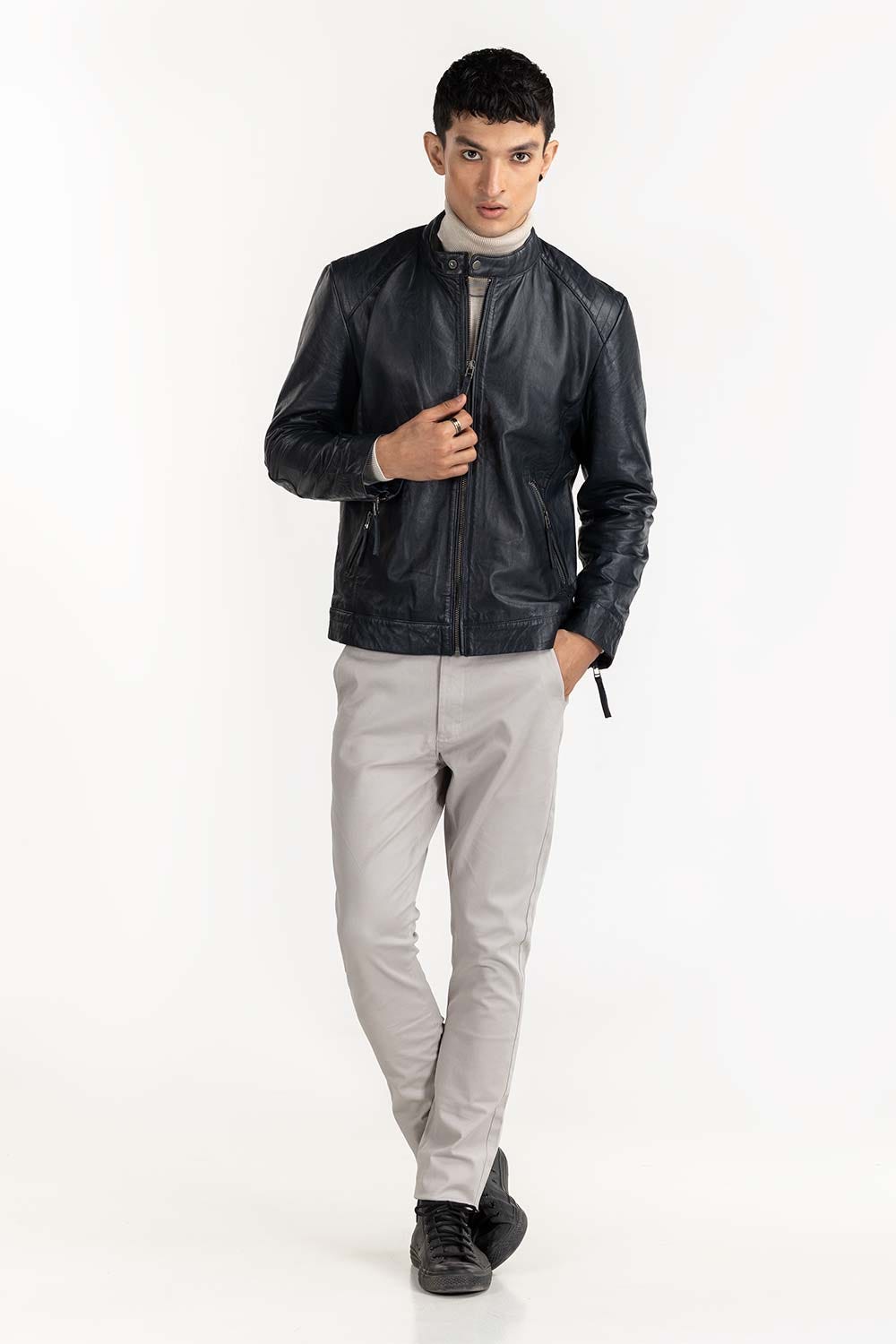 Navy Leather Moto Racer Jacket JKT-LTH22-055