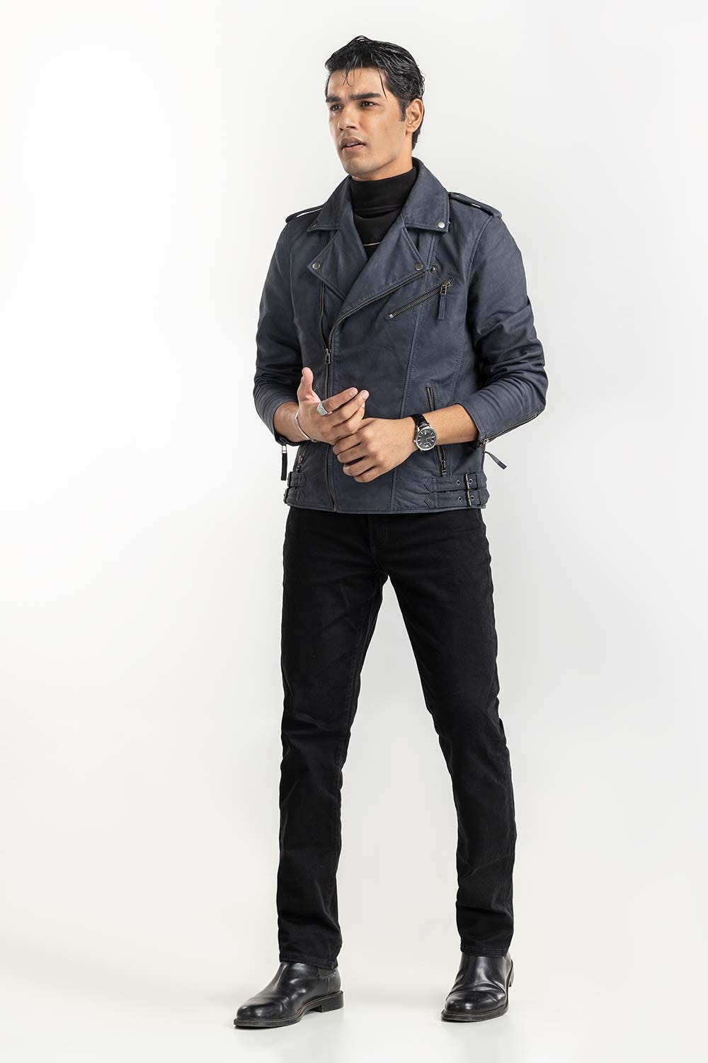 Navy Suede Leather Biker Jacket JKT-LTH22-035