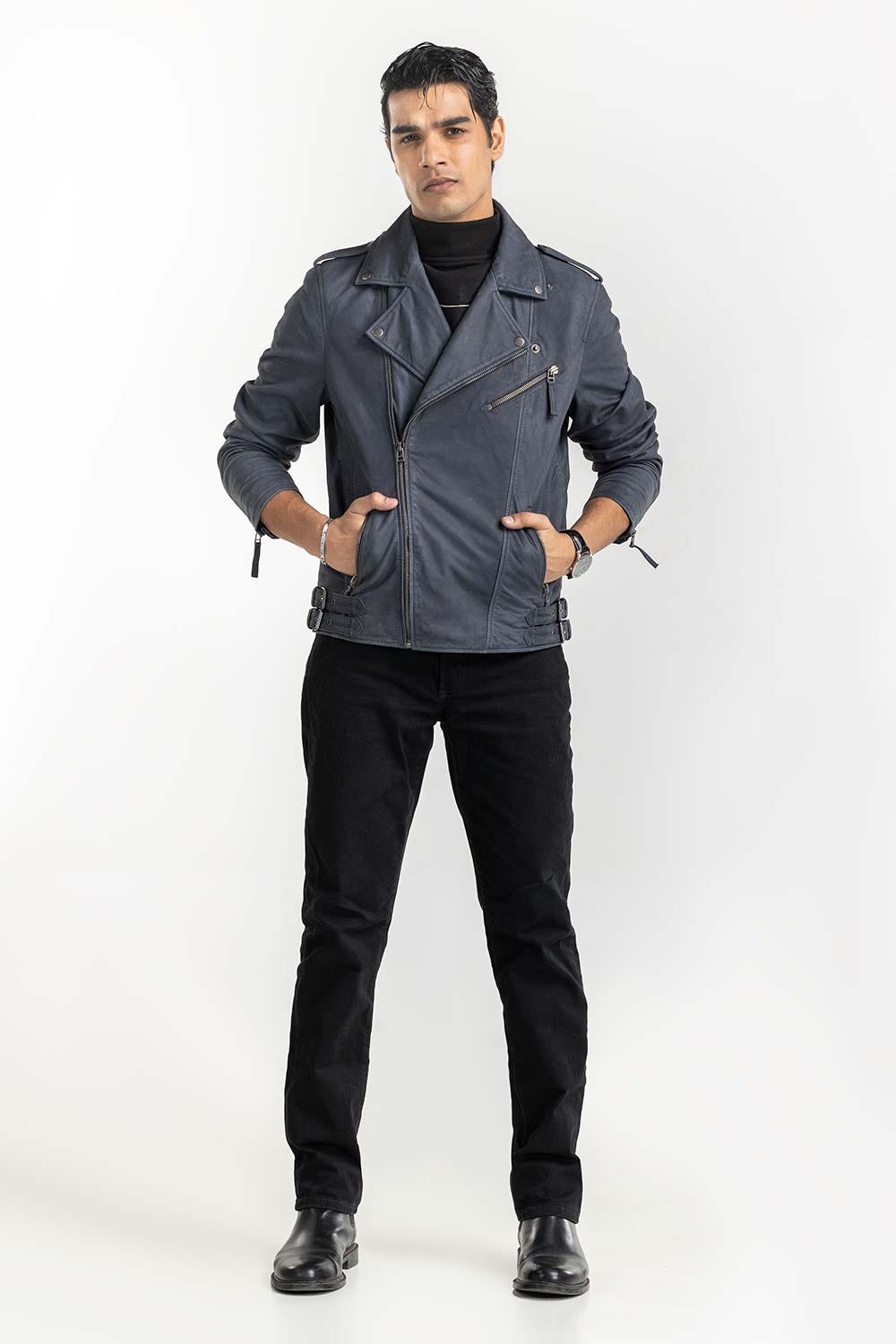 Navy Suede Leather Biker Jacket JKT-LTH22-035