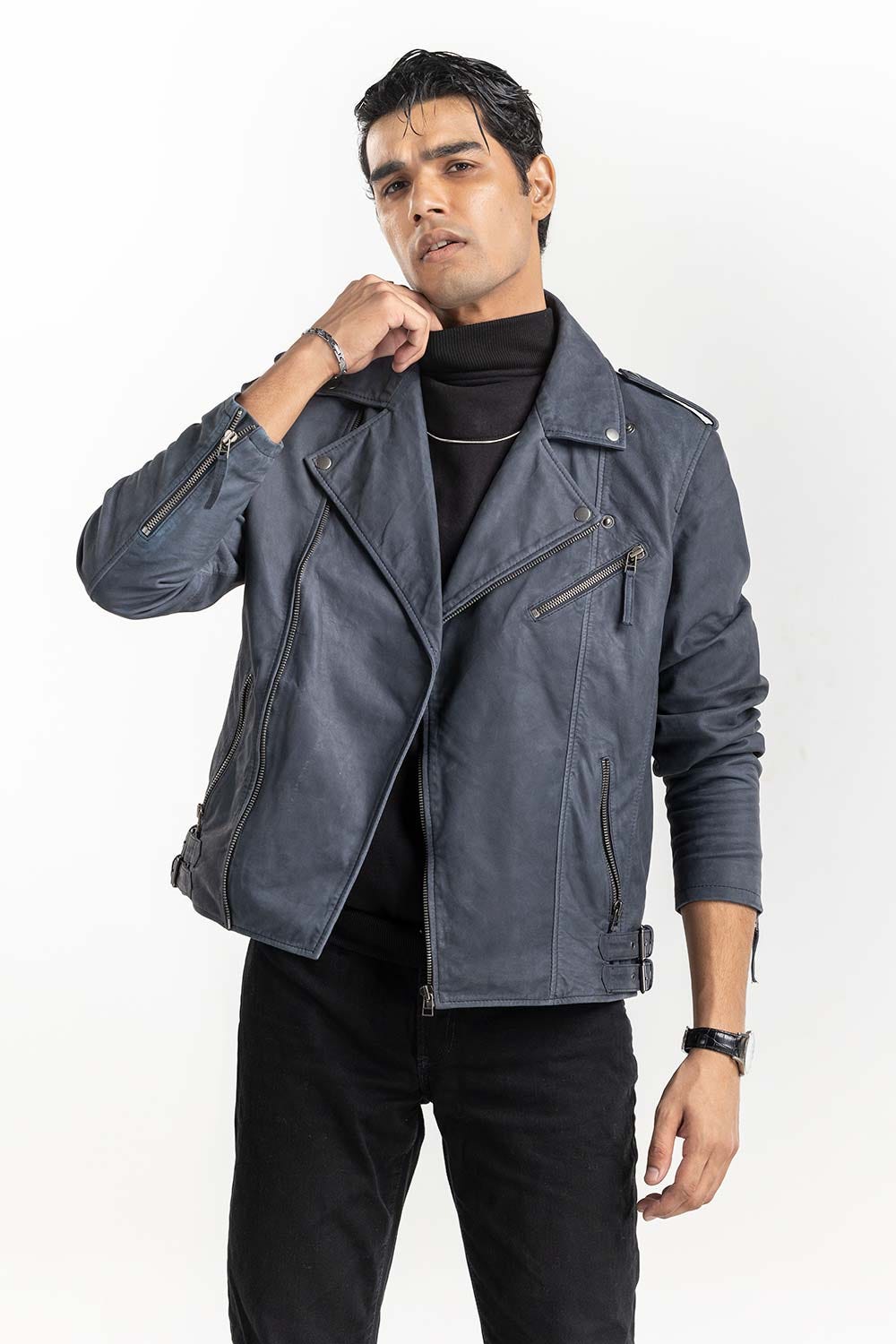 Navy Suede Leather Biker Jacket JKT-LTH22-035