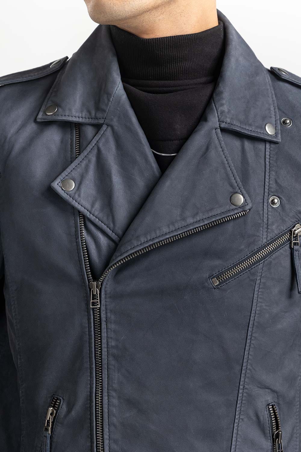 Navy Suede Leather Biker Jacket JKT-LTH22-035