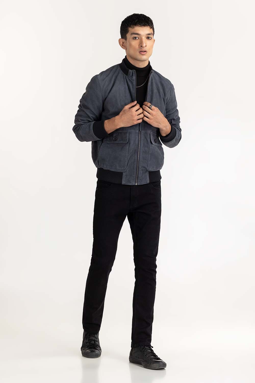 Navy Suede Leather Bomber Jacket JKT-LTH22-039