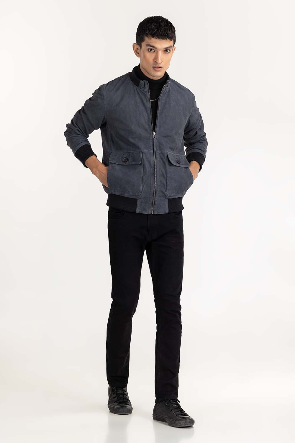 Navy Suede Leather Bomber Jacket JKT-LTH22-039