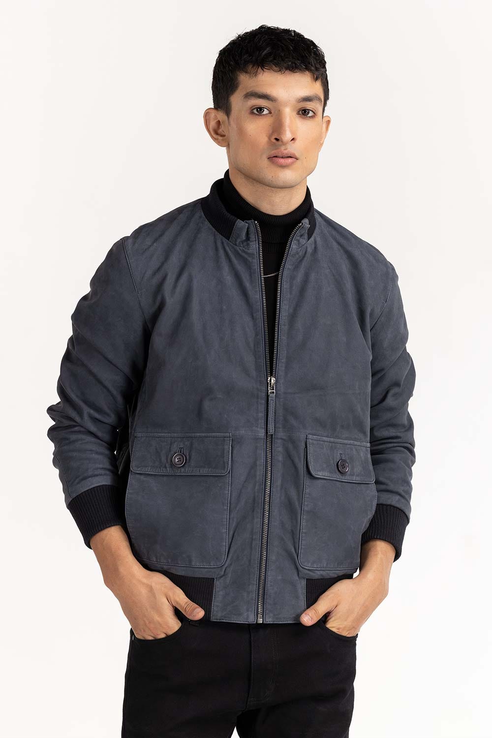 Navy Suede Leather Bomber Jacket JKT-LTH22-039