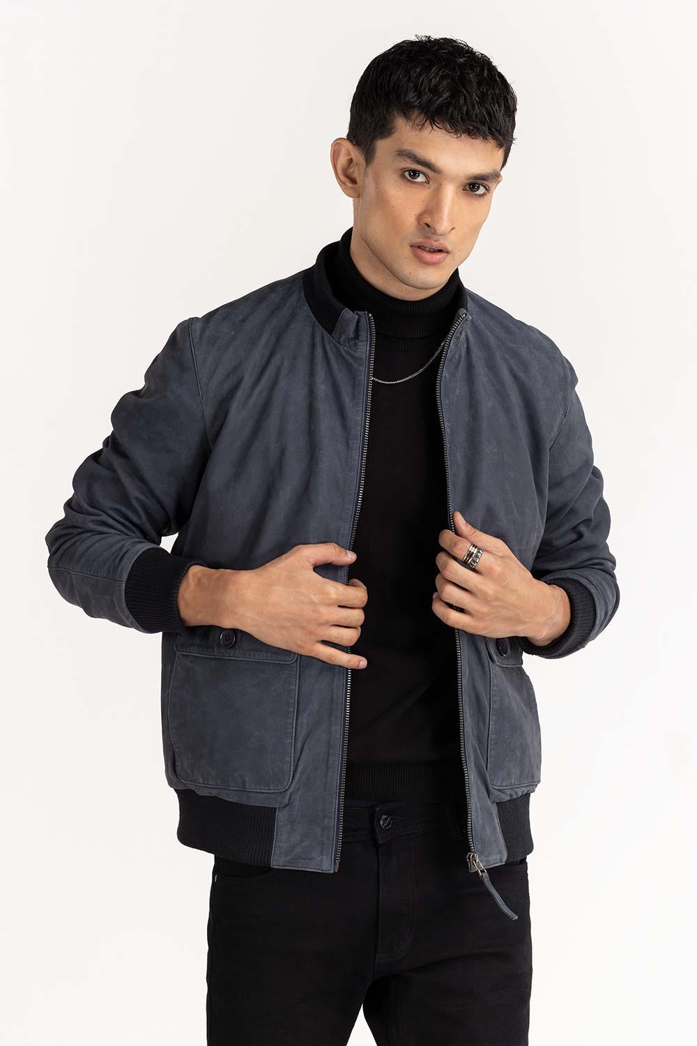 Navy Suede Leather Bomber Jacket JKT-LTH22-039