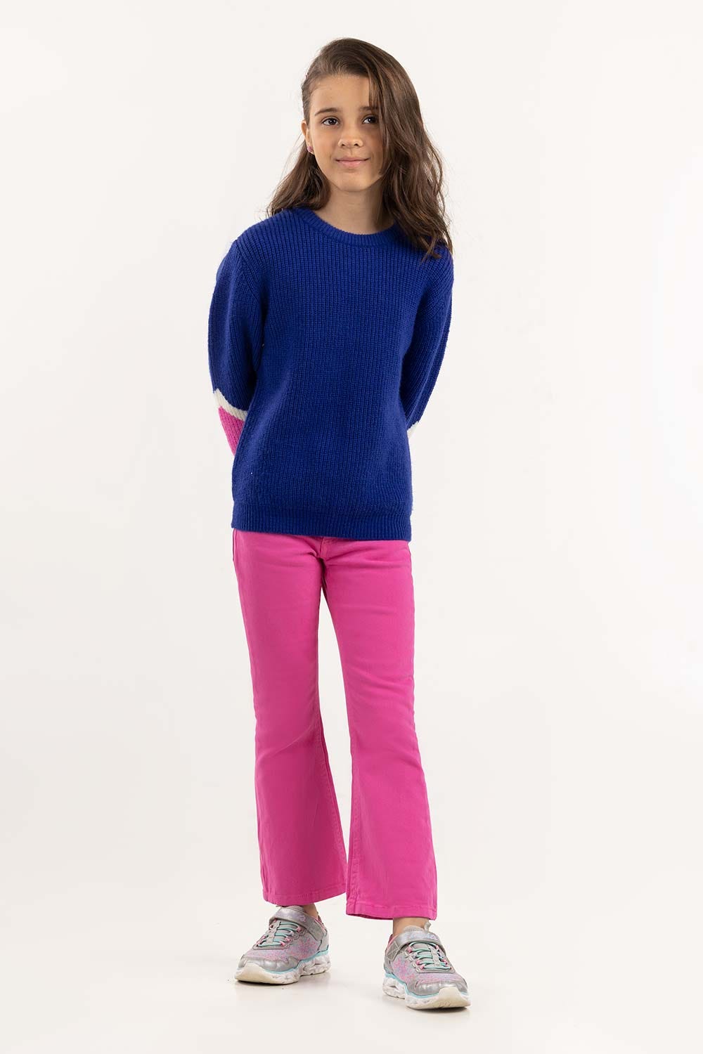Junior Girl Navy Sweater With Round Neck And Long Sleeves 224-411-023