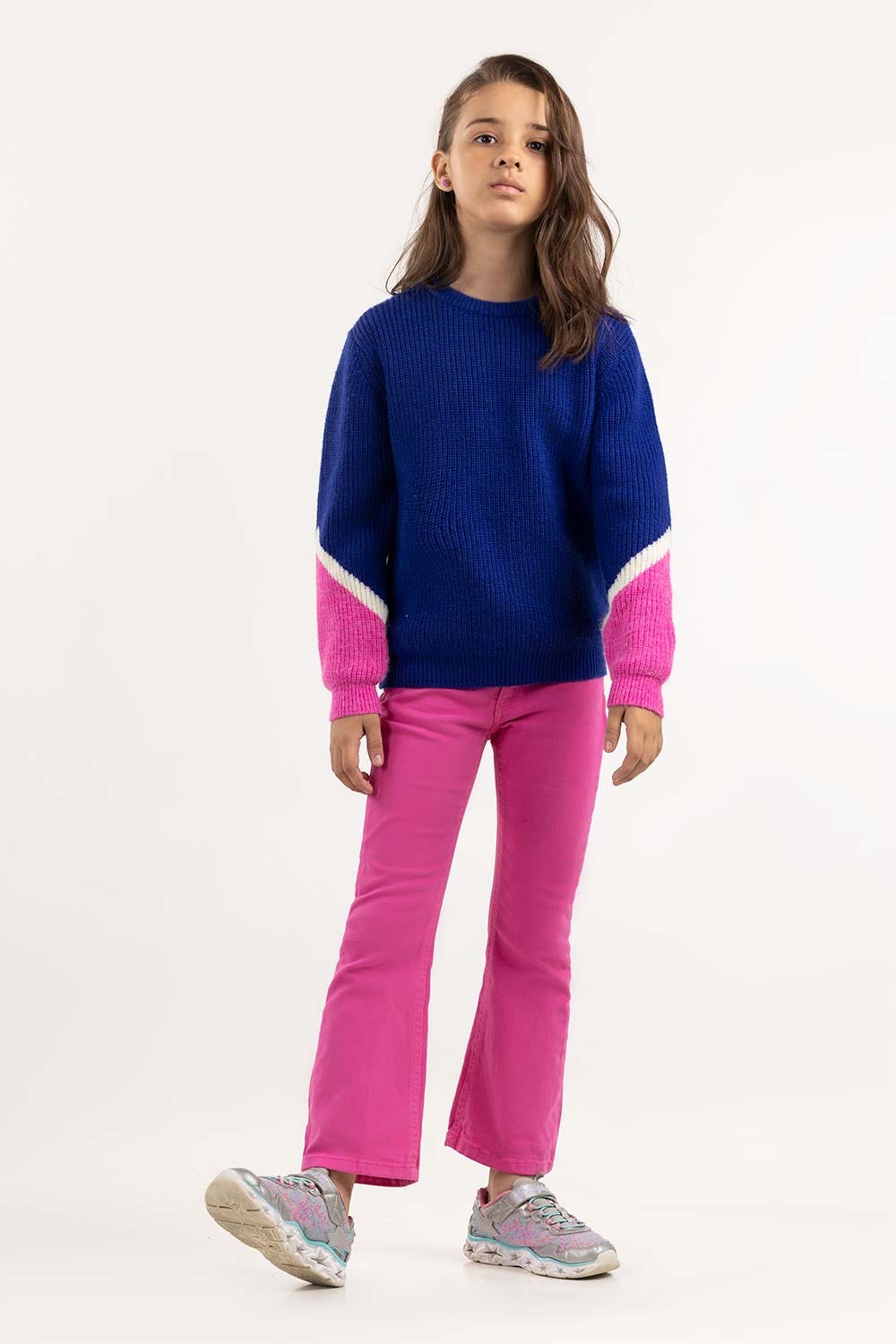 Junior Girl Navy Sweater With Round Neck And Long Sleeves 224-411-023