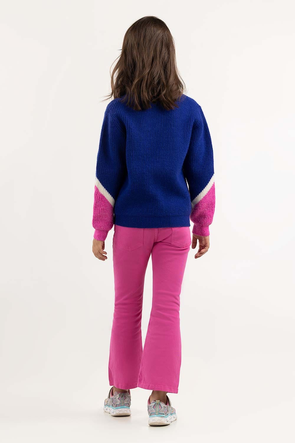 Junior Girl Navy Sweater With Round Neck And Long Sleeves 224-411-023