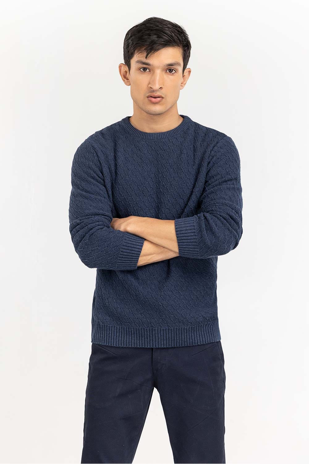 Navy Textured Crew Neck Sweater SWT-FFSCN22-176