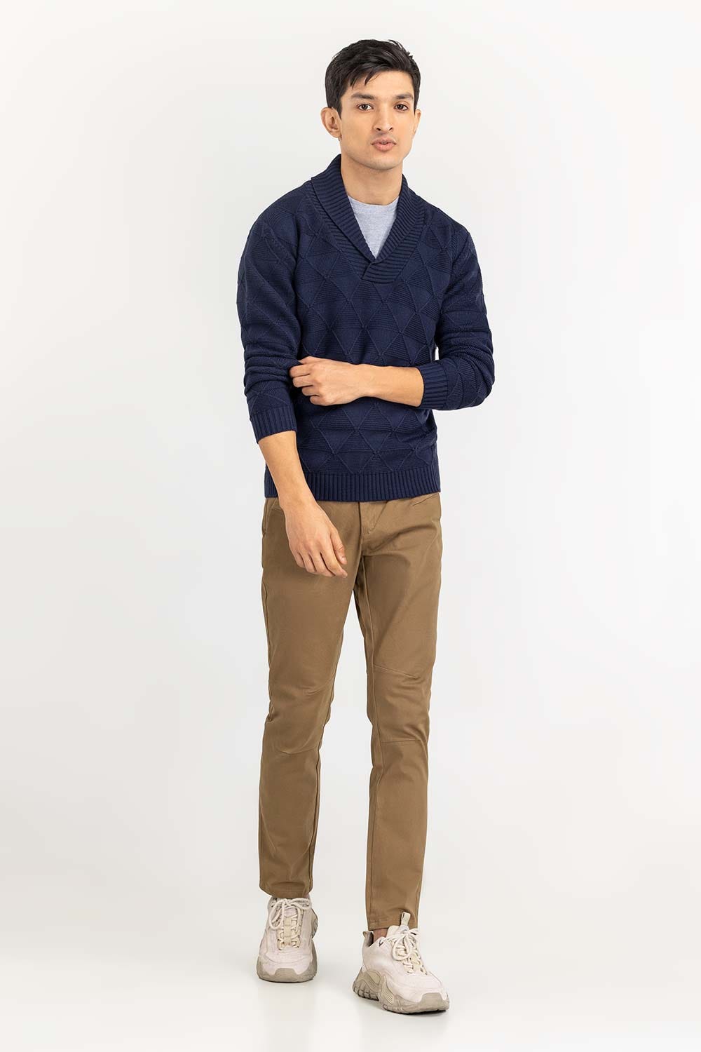 Navy Textured Shawl Collar Sweater SWT-FFSSC22-144