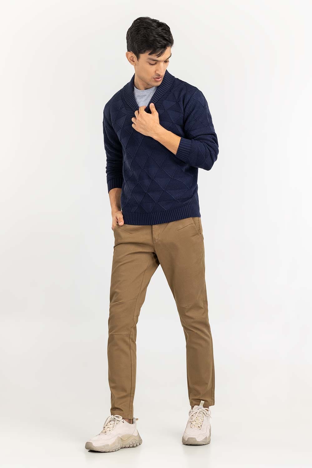 Navy Textured Shawl Collar Sweater SWT-FFSSC22-144