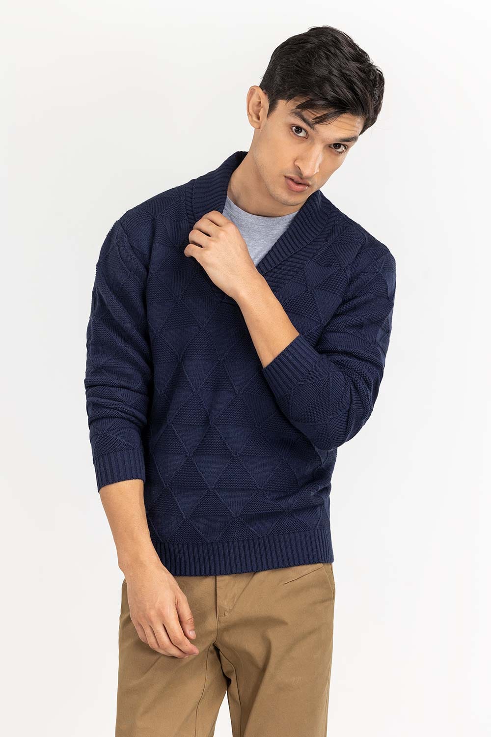 Navy Textured Shawl Collar Sweater SWT-FFSSC22-144