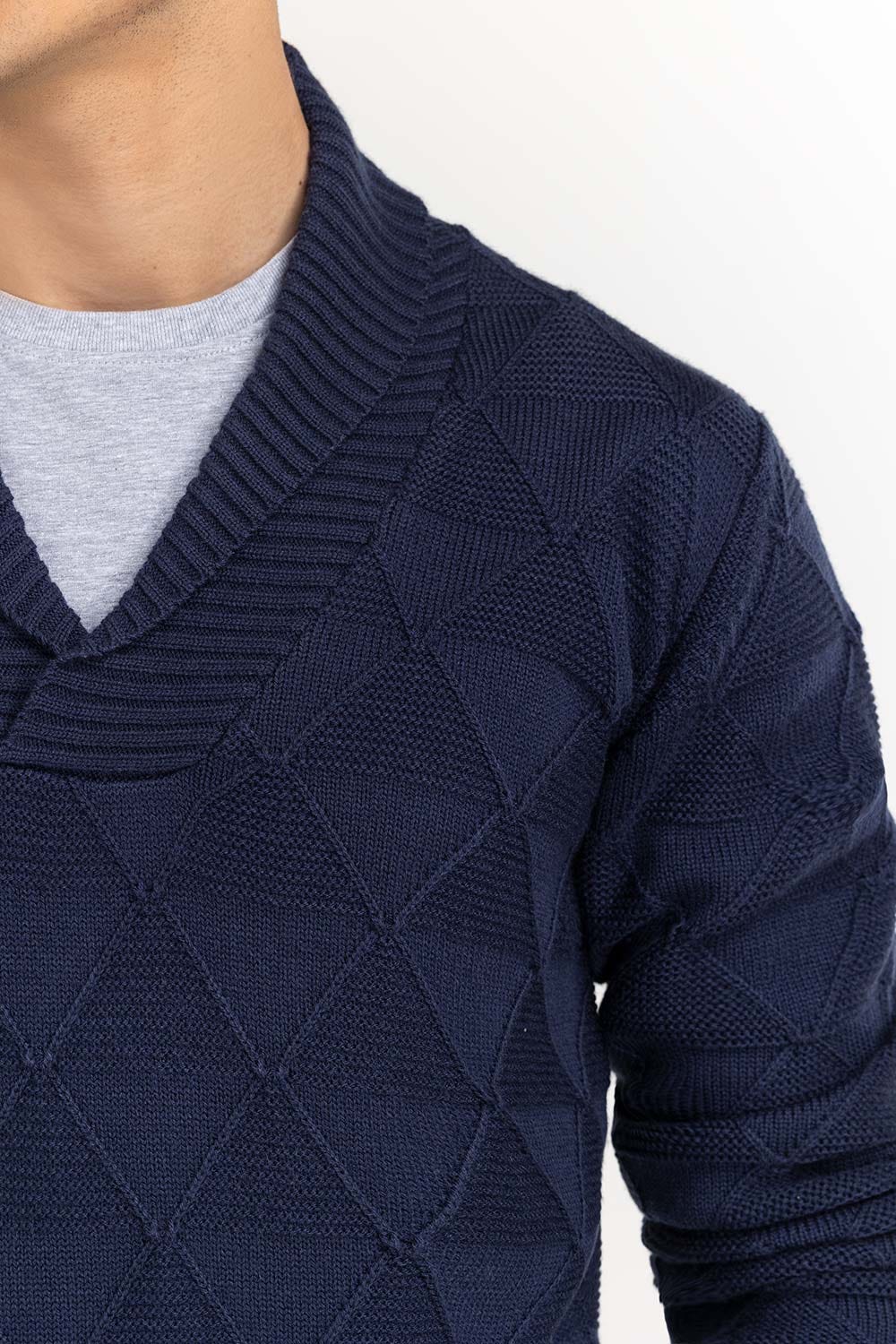 Navy Textured Shawl Collar Sweater SWT-FFSSC22-144