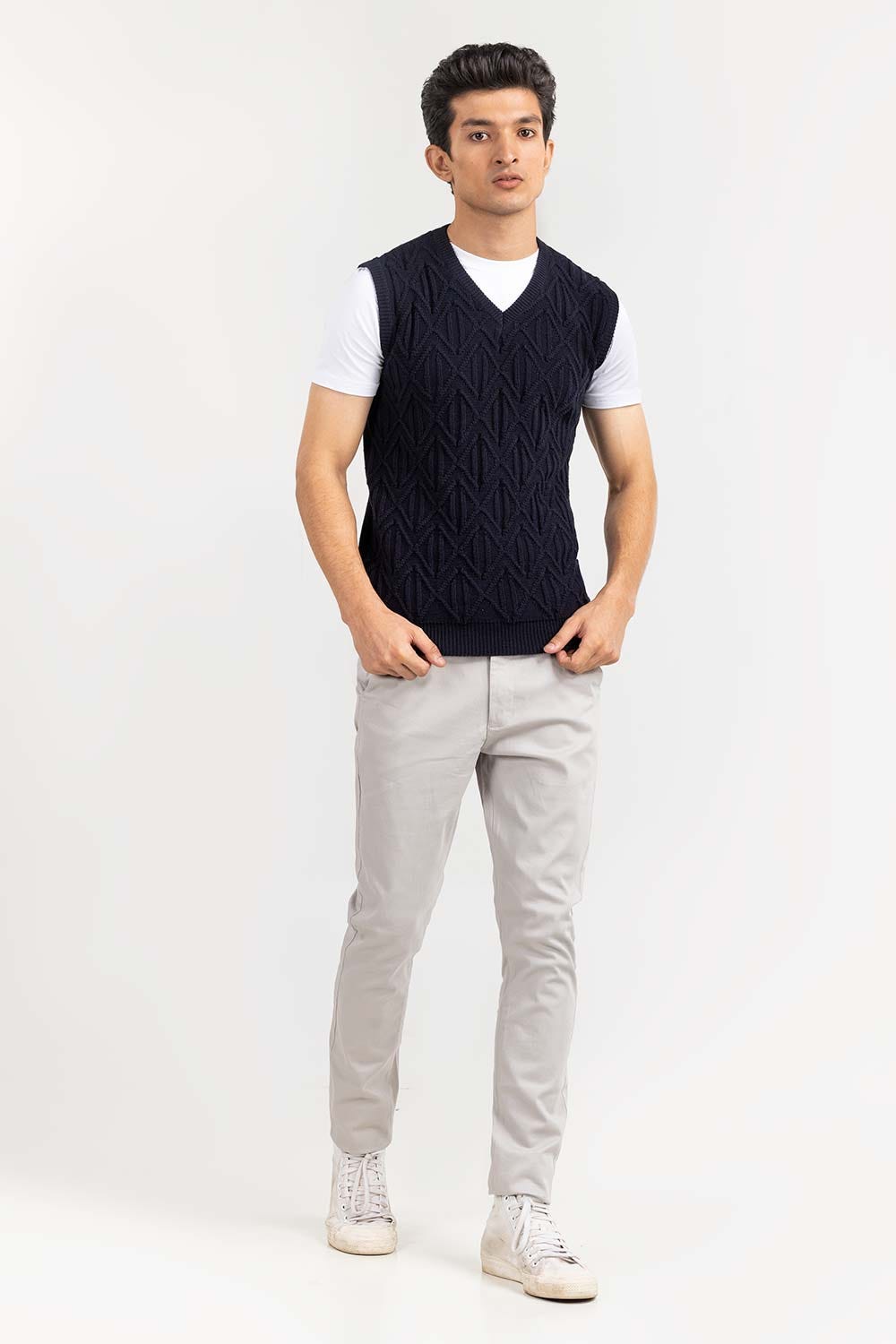 Navy Textured V Neck Sleeveless Sweater SWT-FSLVN22-188-1