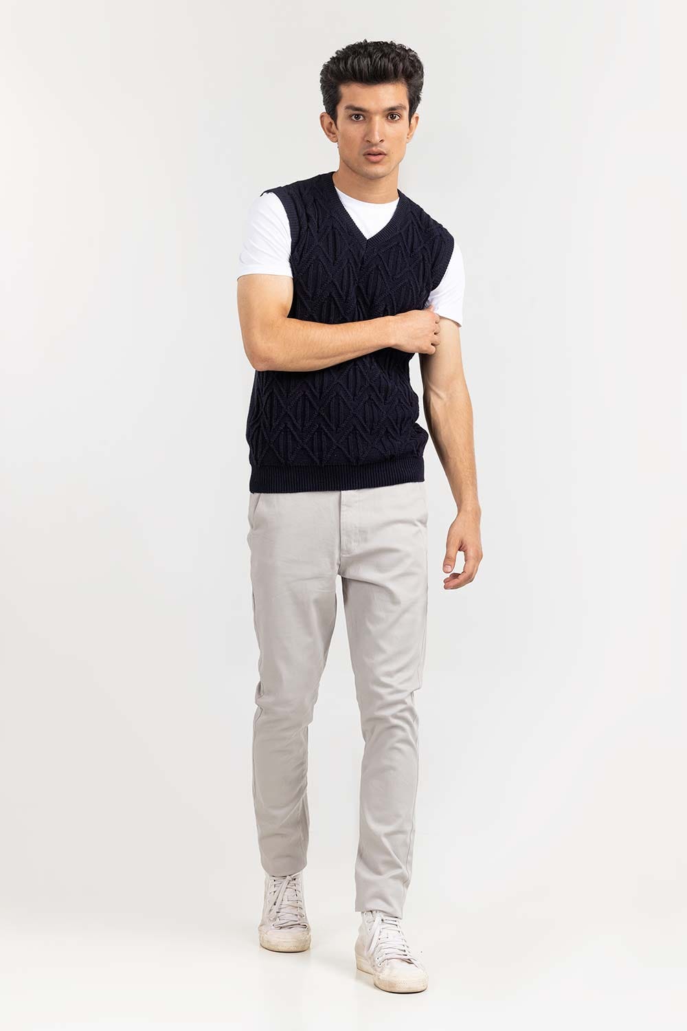 Navy Textured V Neck Sleeveless Sweater SWT-FSLVN22-188-1