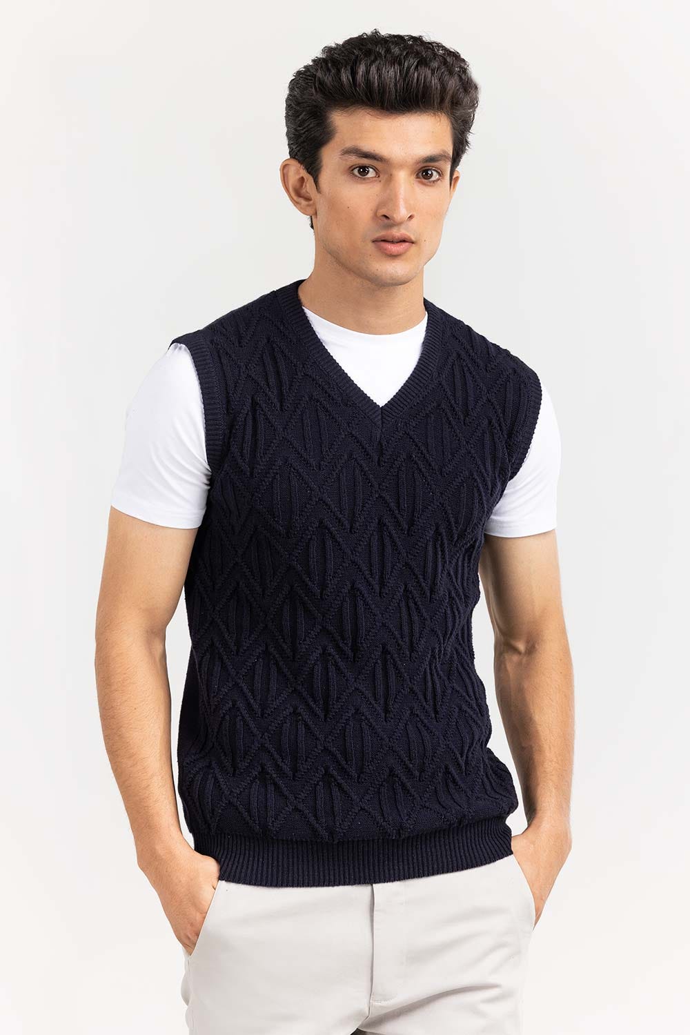 Navy Textured V Neck Sleeveless Sweater SWT-FSLVN22-188-1