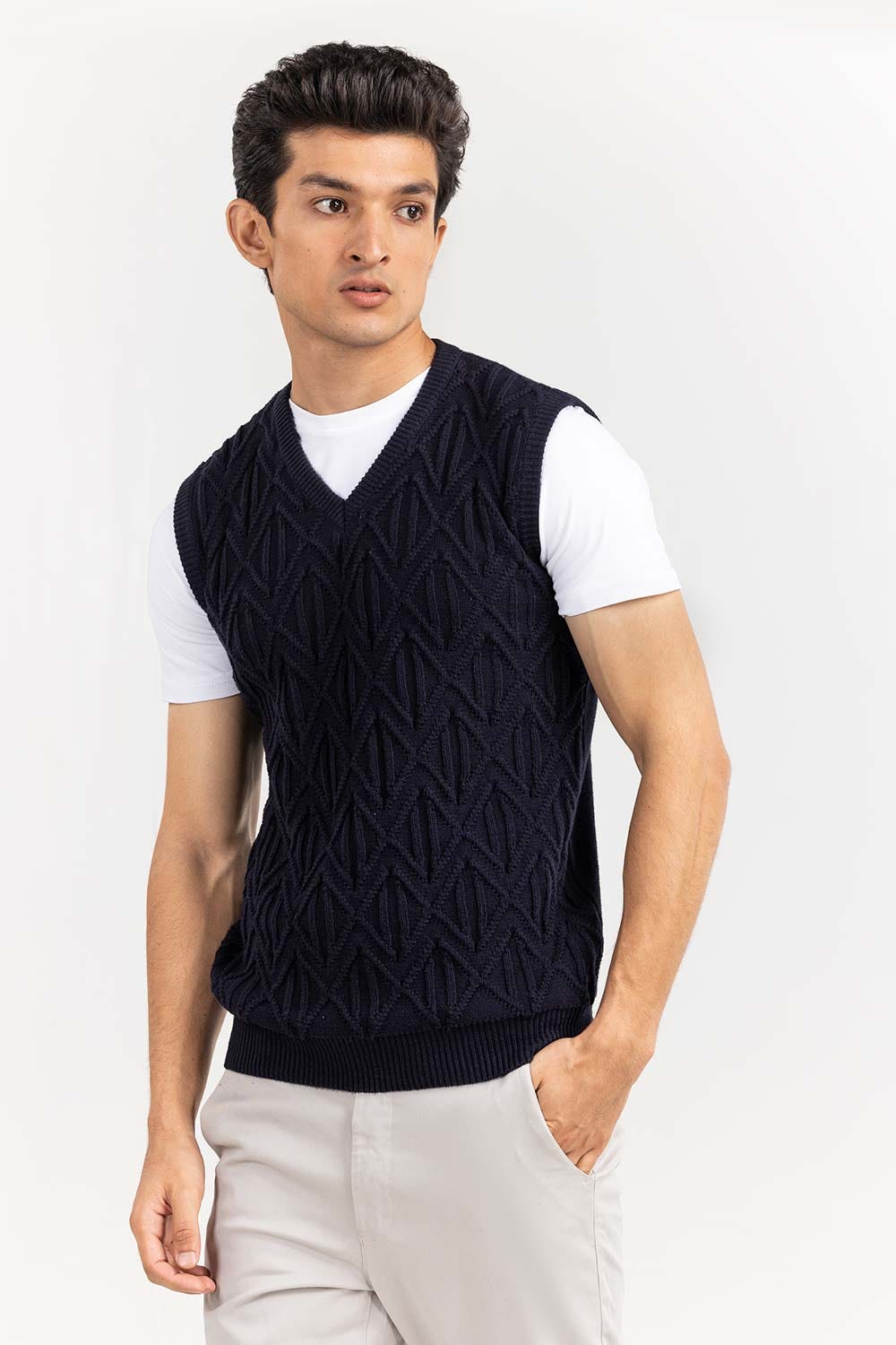 Navy Textured V Neck Sleeveless Sweater SWT-FSLVN22-188-1