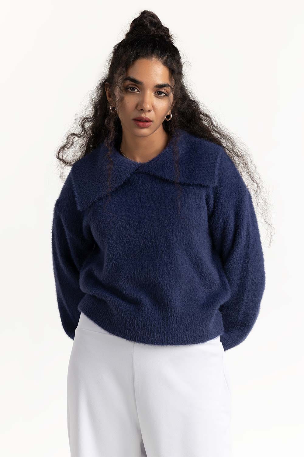 Navy Oversized Collar Sweater 224-211-052