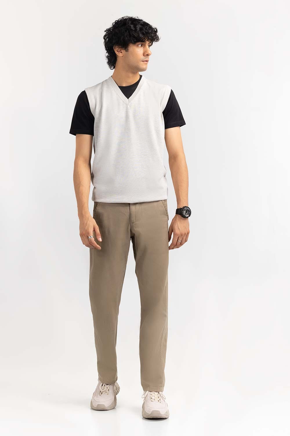 Oatmeal Basic V Neck Sleeveless Sweater  SWT-BSLVN-22-006