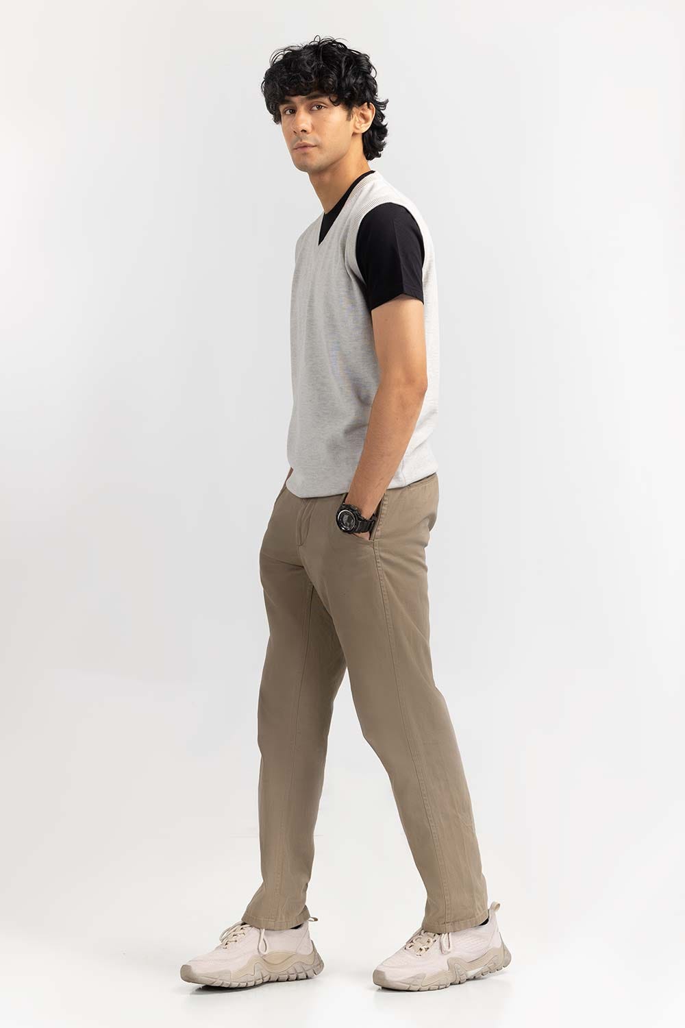 Oatmeal Basic V Neck Sleeveless Sweater  SWT-BSLVN-22-006