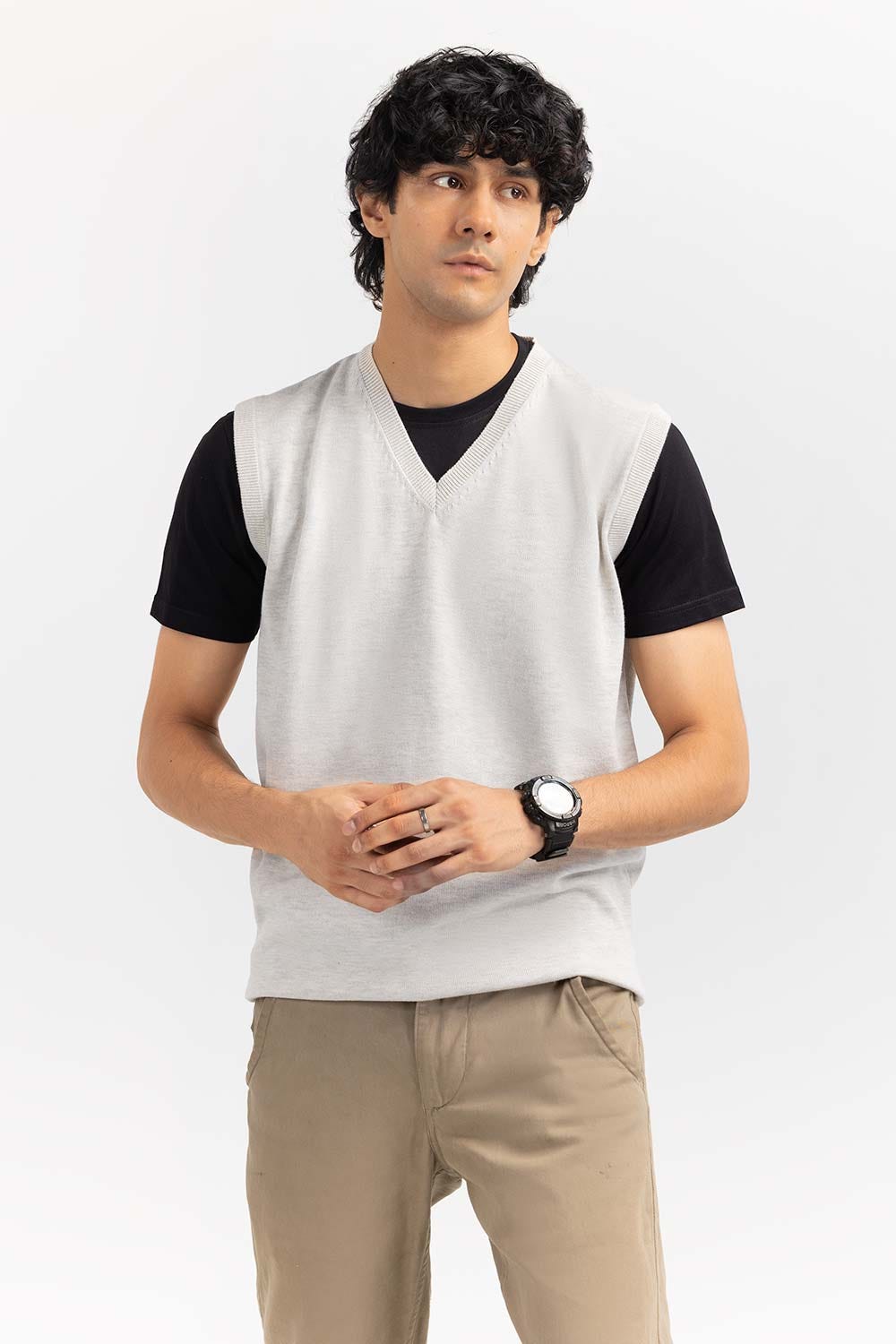 Oatmeal Basic V Neck Sleeveless Sweater  SWT-BSLVN-22-006