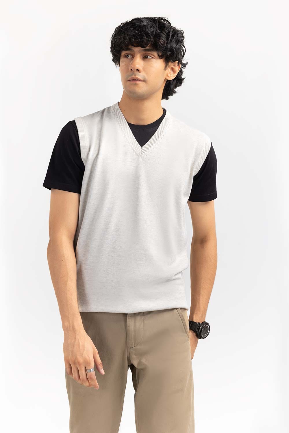 Oatmeal Basic V Neck Sleeveless Sweater  SWT-BSLVN-22-006