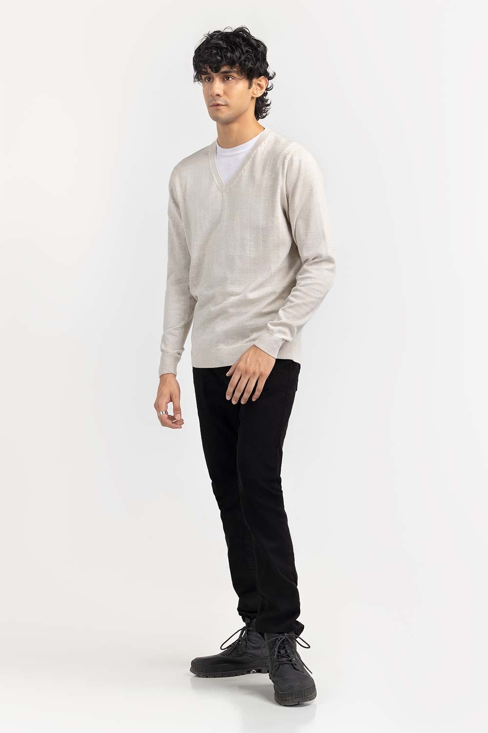 Oatmeal Basic V Neck Sweater SWT-BFSVN-22-006